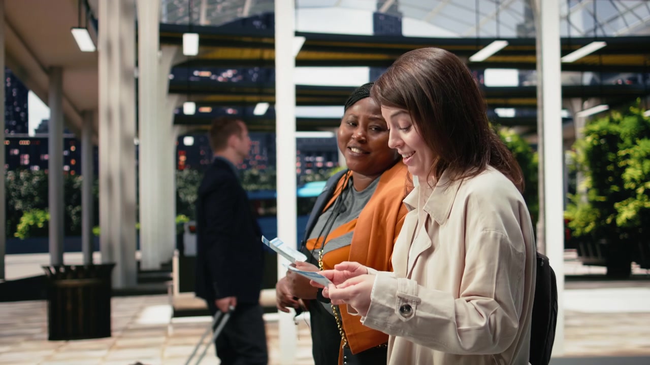 Smiling passengers comparing bus tickets, walking together in bus terminal