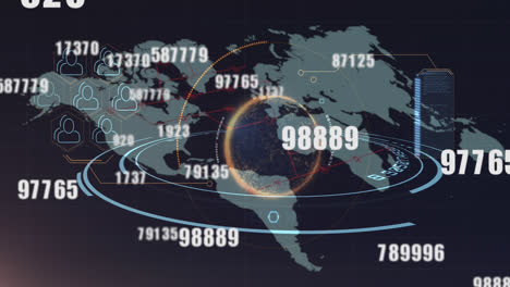 Múltiples-Números-Cambiantes-Sobre-El-Globo-Giratorio-Contra-El-Mapa-Mundial-Sobre-Fondo-Azul