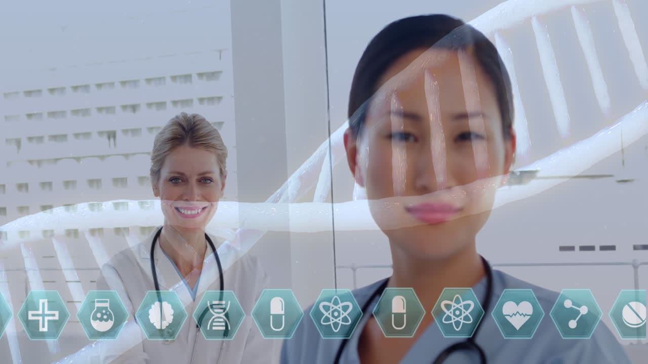 의료 아이콘과 dna 구조가 두 여성 의사에 대해 움직이고 있습니다.