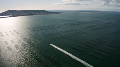 Aufwachen-Von-Einem-Schnellen-Kleinen-Motorboot-Der-Fischer-Im-Etang-De-Thau-Mit-Sète-Antenne