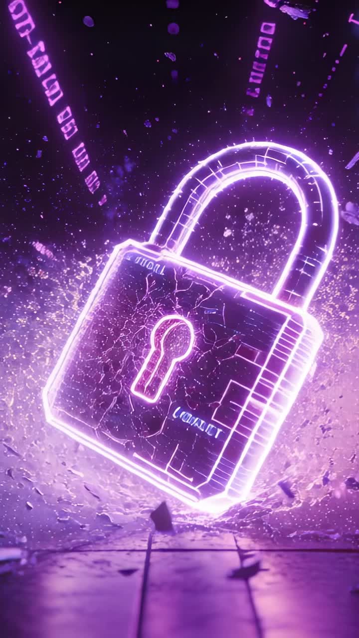 Vertical video: Pulsing light driving neon padlock rotating in cyber arena, showing keyhole, keypad