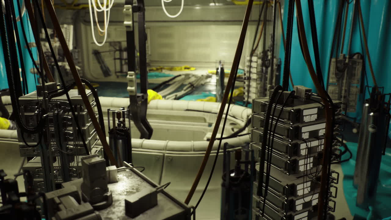 Maintenance zone featuring intricate wiring and piping under lights