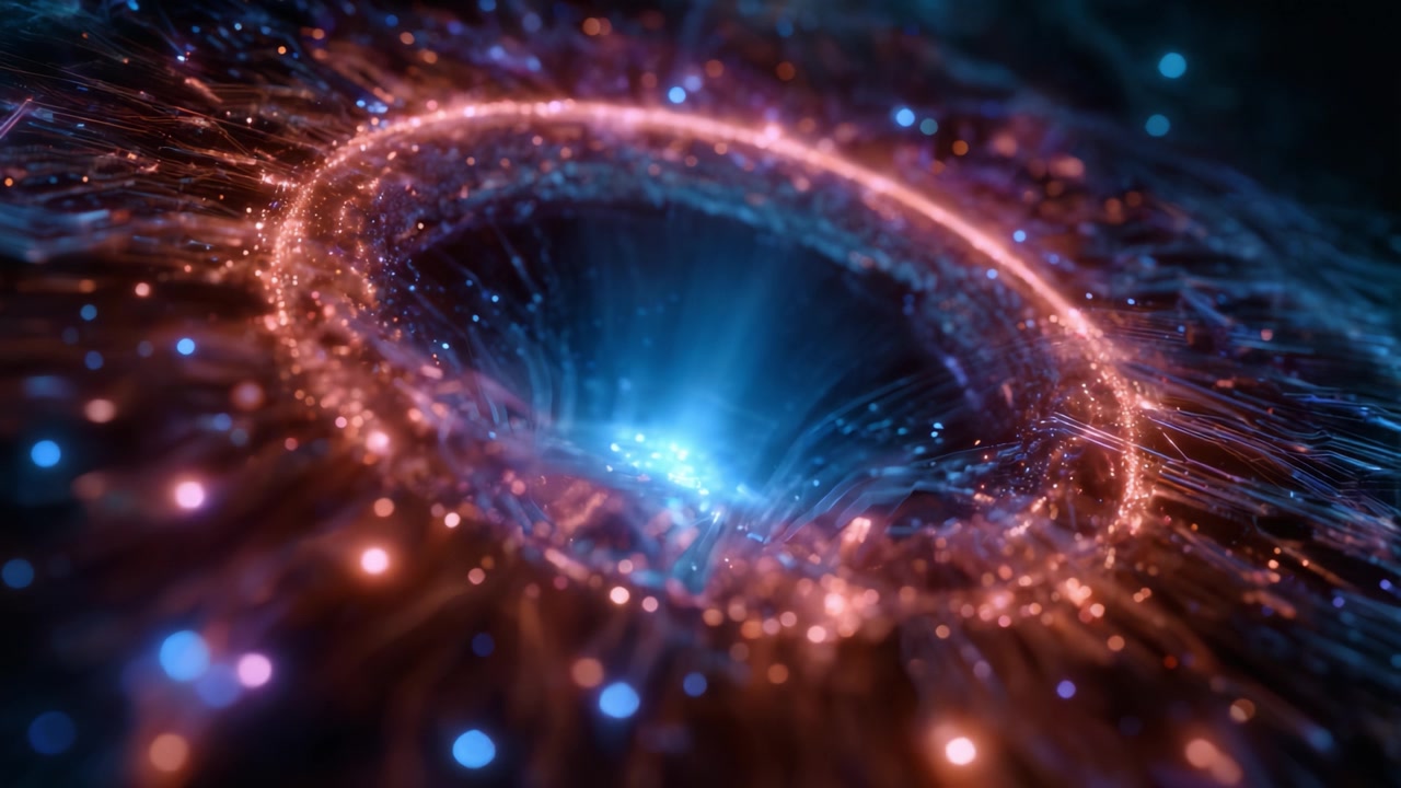 Una magnifica immagine di un buco nero luminoso circondato da energia colorata e particelle cosmiche che illustra i misteri dell'universo.