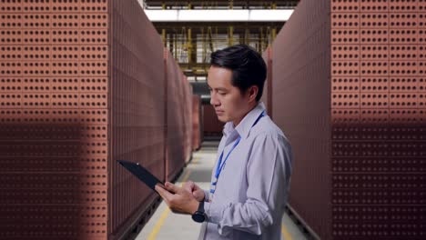 factory worker inspecting bricks with tablet