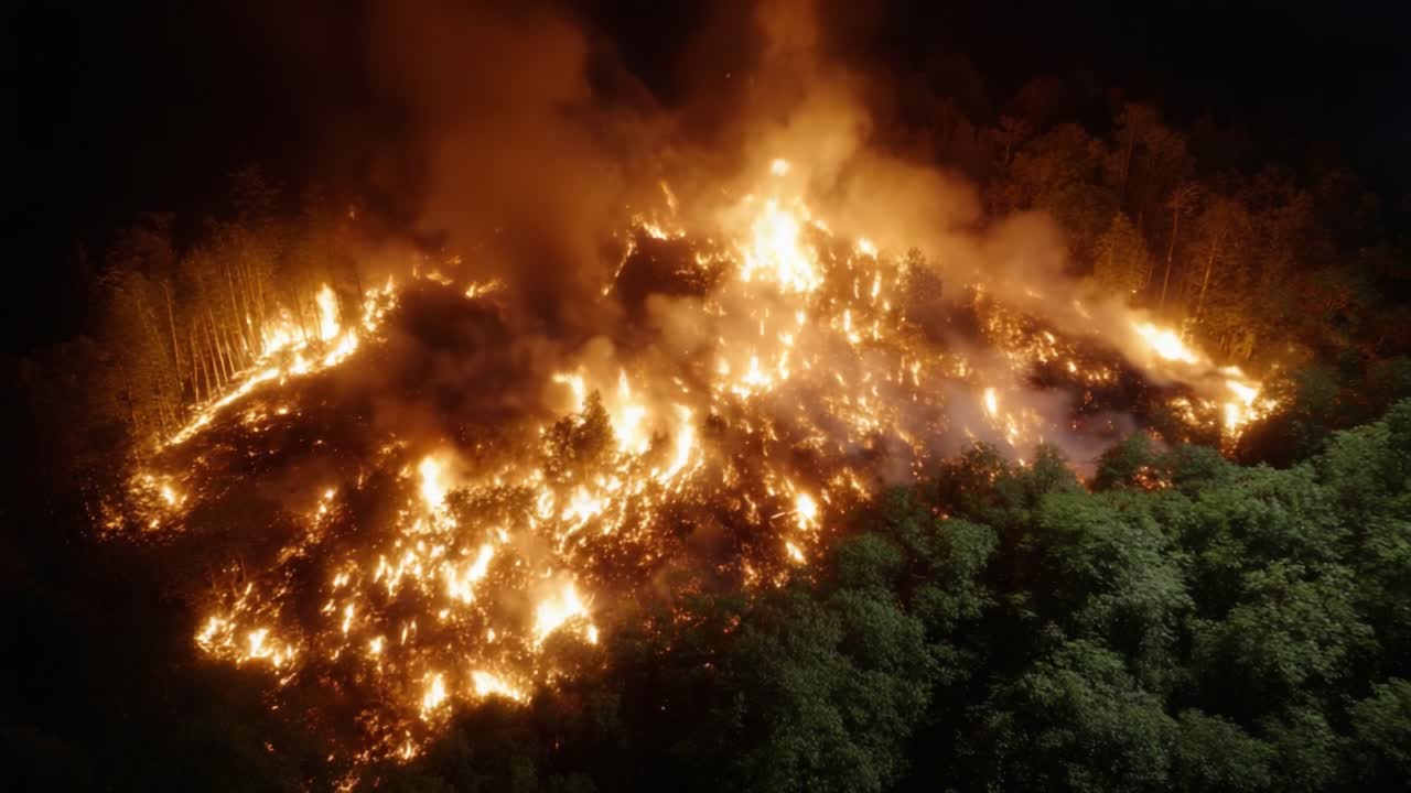 Aerial View of Intense Wildfire Devouring Forested Area at Night Amidst Thick Smoke and Flames, Highlighting the Dangers of Forest Fires and Environmental Impact