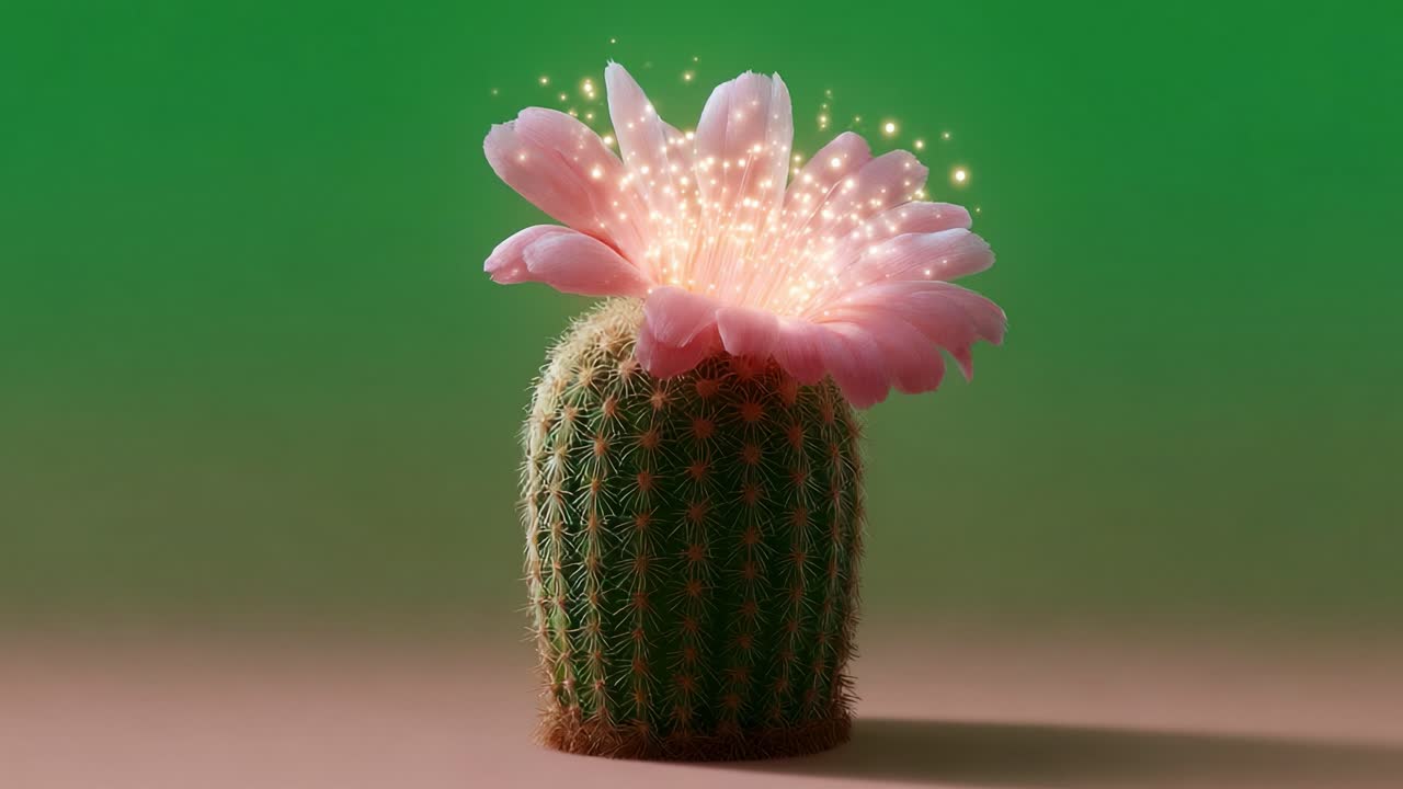 A Beautifully Magical Cactus Blooms with Sparkling Petals Illuminating the Scene, Merging Nature and Fantasy in a Stunning Visual Display of Color and Wonder