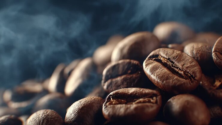 Aromatic Coffee Beans Gathering Steam: A Close-Up Exploration of Freshly Roasted Coffee Beans in a Rich, Dark Atmosphere Capturing Their Essence and Flavor
