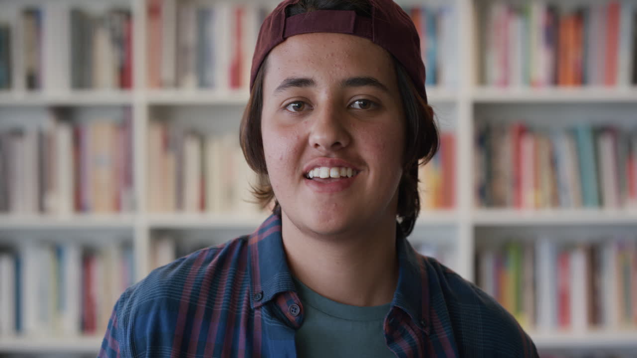retrato de un joven estudiante adolescente feliz riendo disfrutando de un estilo de vida universitario relajado en una estantería de libros de fondo con sombrero en cámara lenta