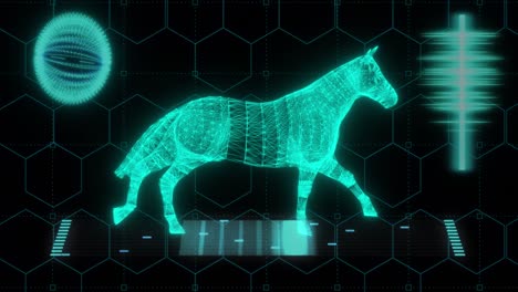 technological concept. running of a horse on the background of technology. blue color. 3d animation of a seamless loop