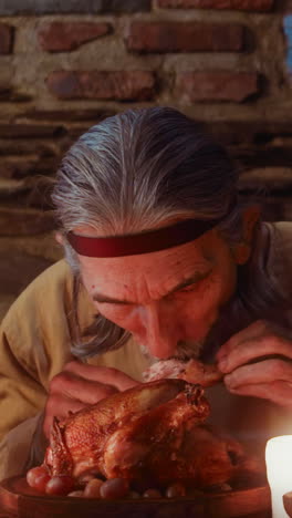 un anciano come y bebe en el banquete del señor. un noble anciano muerde pollo y bebe cerveza de una taza de madera sentado en la mesa del castillo del rey. cena en una posada medieval