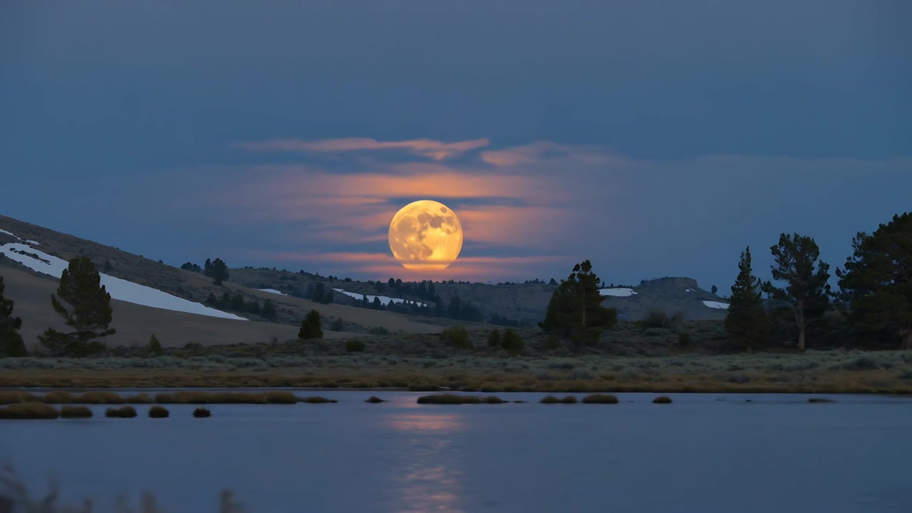 Opkomende volle maan stijgt boven de bergkam terwijl de schemering valt, en werpt een oranje weerspiegeling op de moerasoever