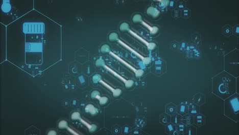 Animation-of-medical-icons-and-dna-strand-on-black-background