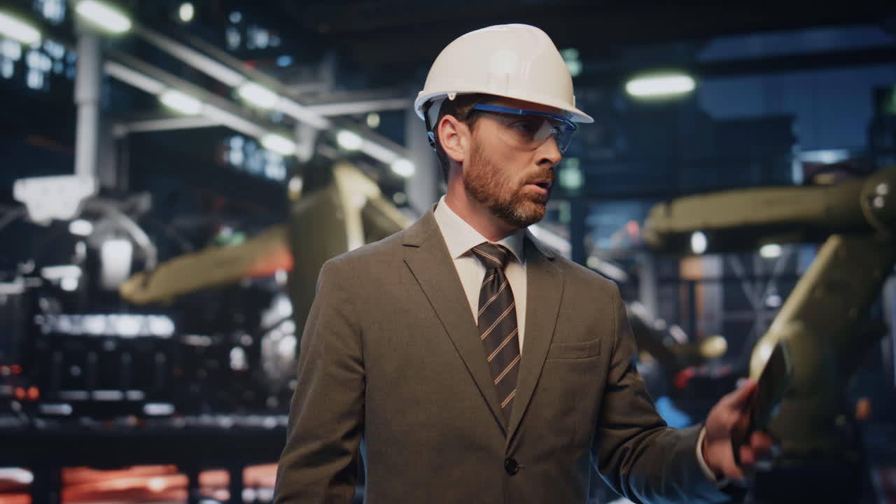 Plant specialist talking cellphone near modern metallurgy equipment close up.