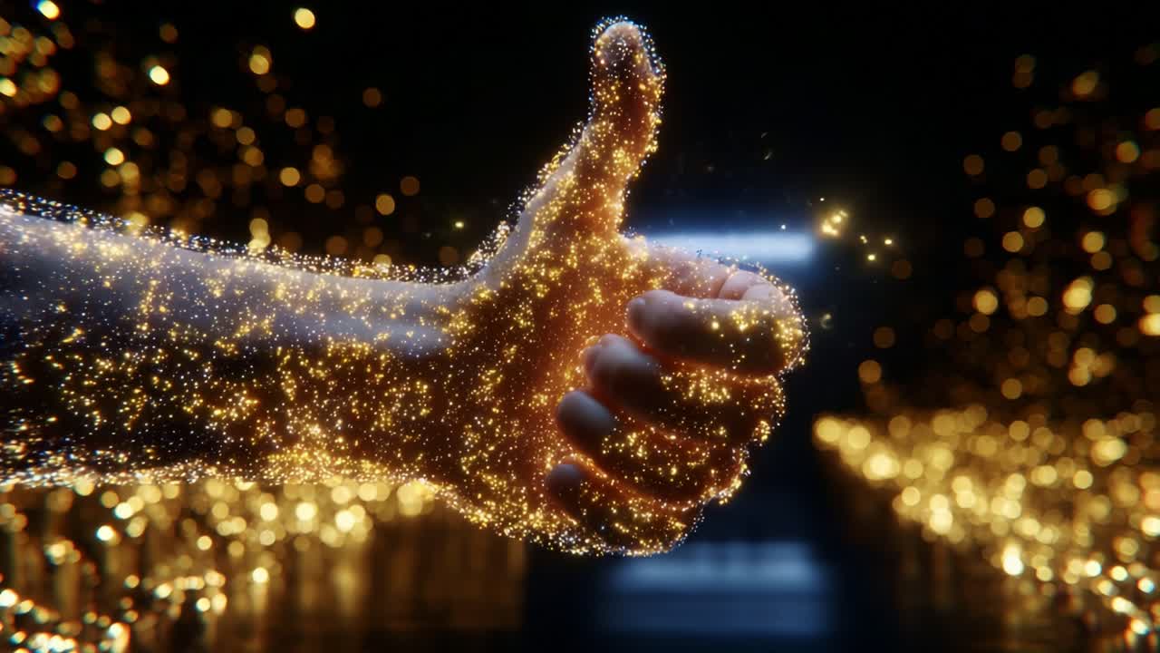 A Sparkling Gesture of Approval and Creativity: Hand Making a Thumb-Up Sign Illuminated by Dazzling Particles and Glowing Lights, Symbolizing Positivity, Joy, and Optimism in a Spectacular Visual Display