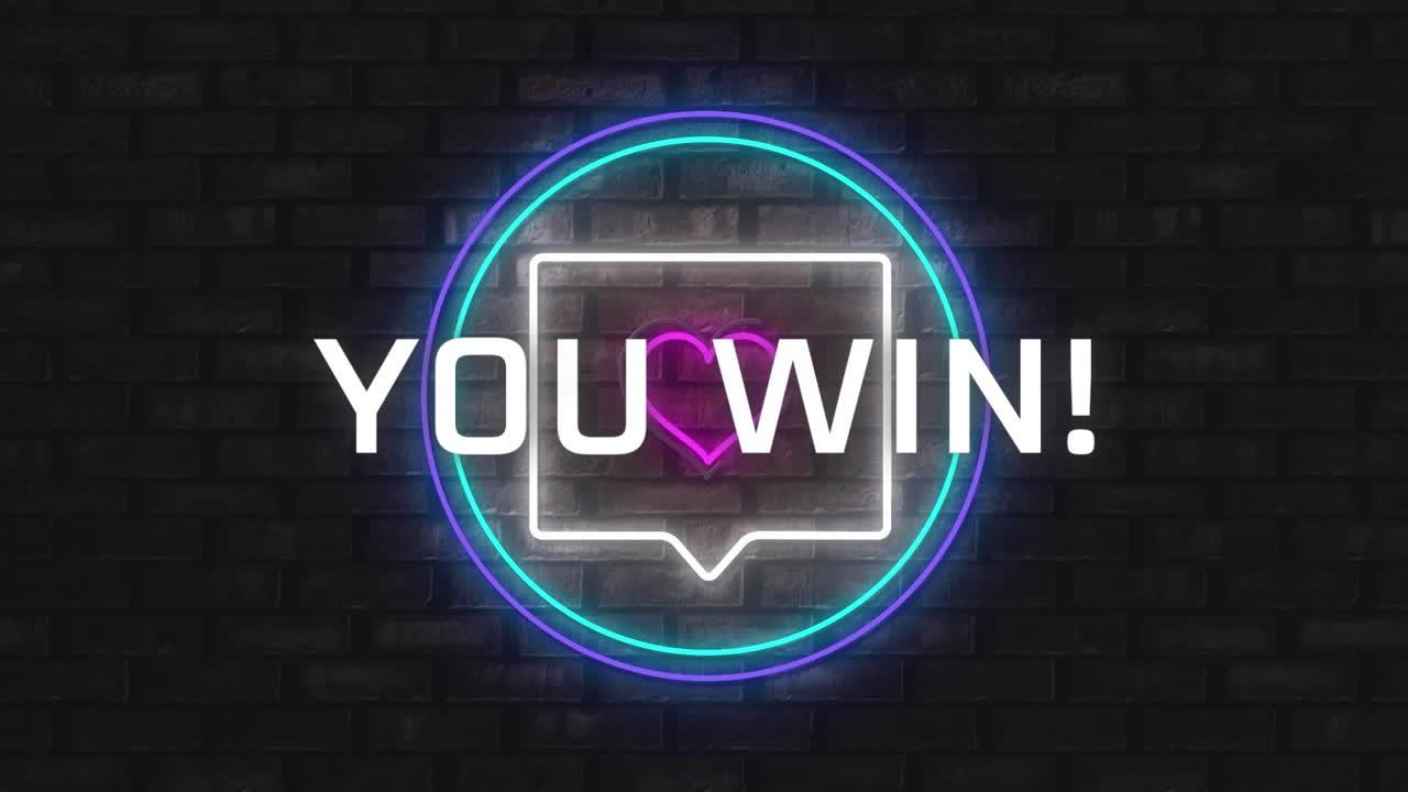 Animation of you win text with neon on brick wall