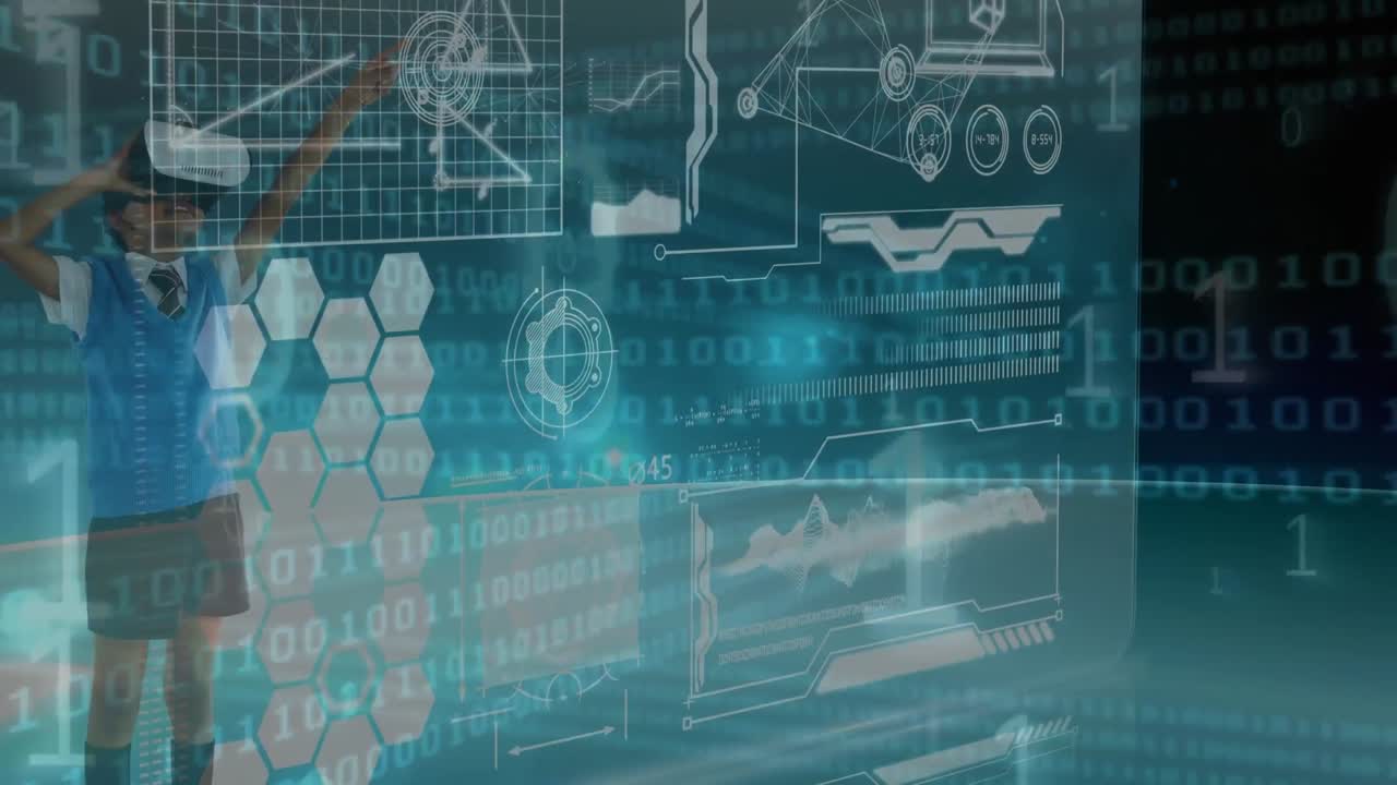 Animation of binary code moving over screen with diverse data and boy wearing vr headset