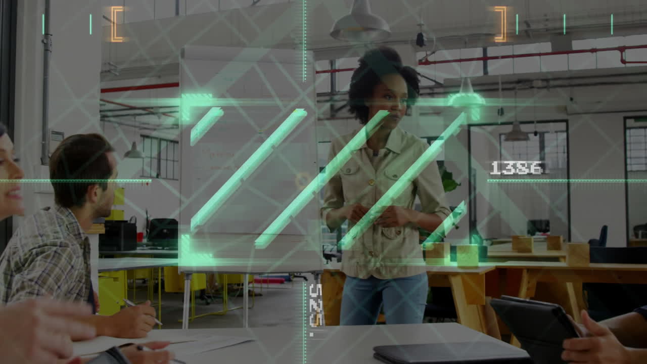 Woman presenting in business meeting beside flipchart, with animated grid lines arrows