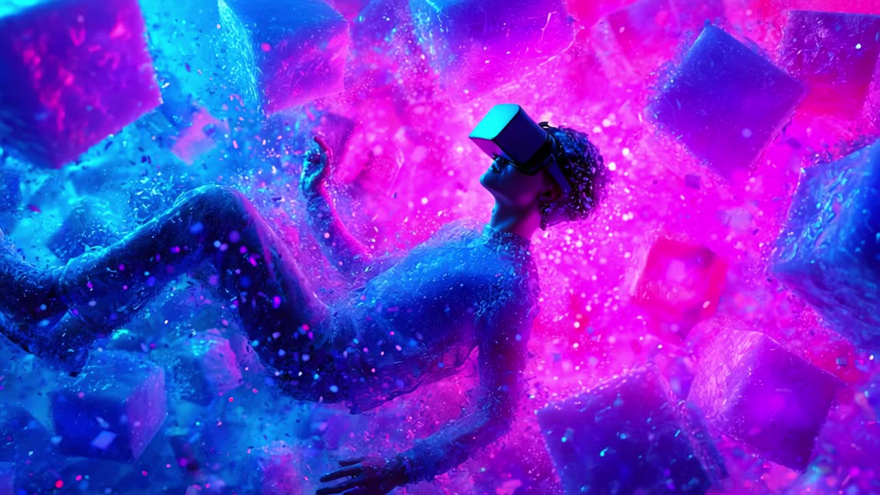 A surreal journey into virtual reality, showcasing a person immersed in a vibrant, colorful digital realm filled with abstract shapes and dynamic light effects, wearing a VR headset and experiencing an infinite world