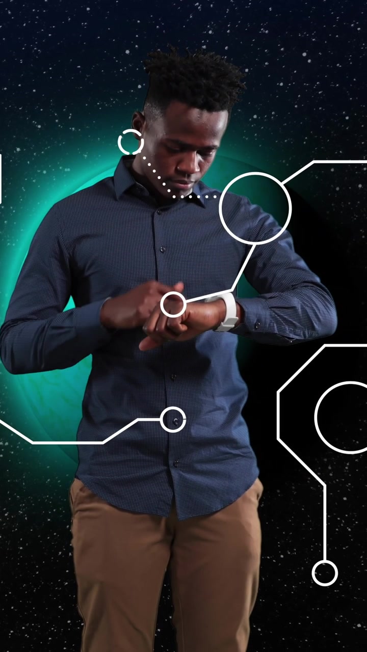 Animation of shapes over african american man using smartwatch