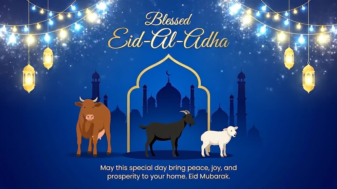 Striscione benedetto Eid al-Adha con mucca, capra e pecora, silhouette di moschea, arco decorativo, luci di lanterne e sfondo blu intenso.