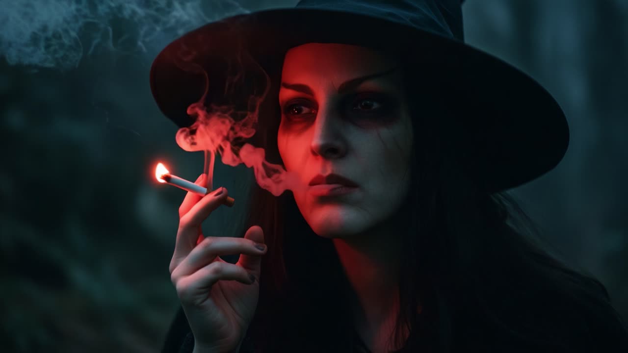Mysterious Sorceress Enveloped in a Haunting Atmosphere, Smoking a Cigarette with Eerie Glow, Capturing the Essence of Enchantment and Dark Allure in a Foggy Forest Setting
