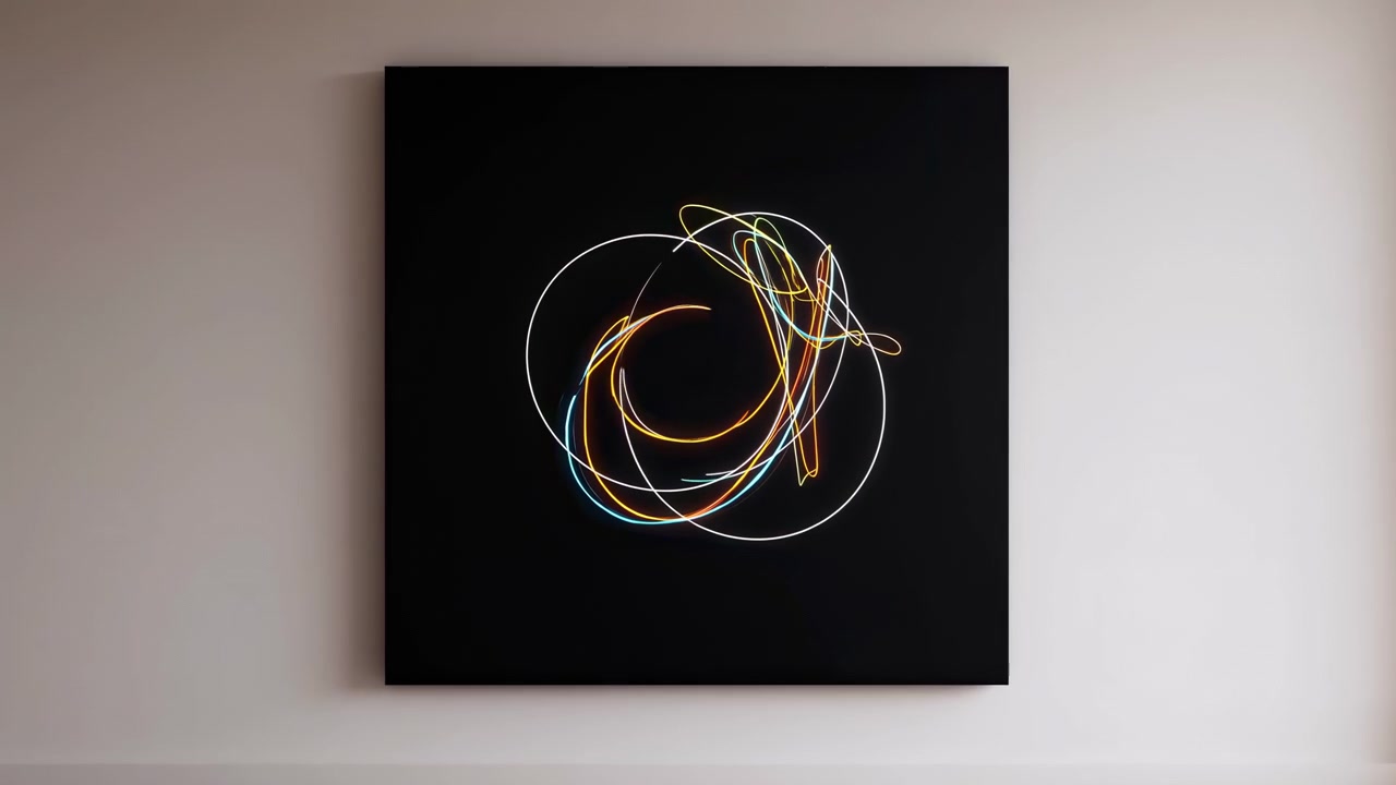 Zentriertes schwarzes quadratisches Panel, montiert an einer warmen cremefarbenen Wand, zeigt wachsende farbige Lichtspuren, die konzentrische Schleifen, Spiralen und überlappende Bänder bilden und einen modernen abstrakten Kontrast erzeugen.