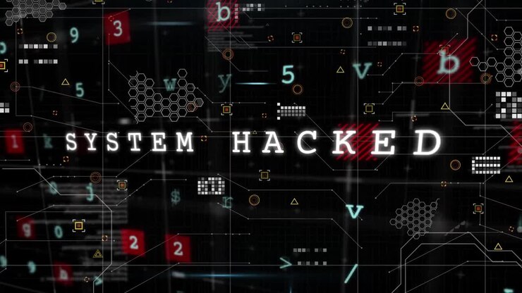 Animation of hacking text, markers and data processing over world map