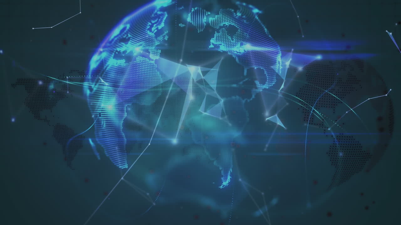 Animation of data processing and globe on dark background