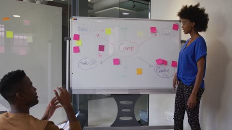african american businesswoman standing at whiteboard giving presentation to colleague