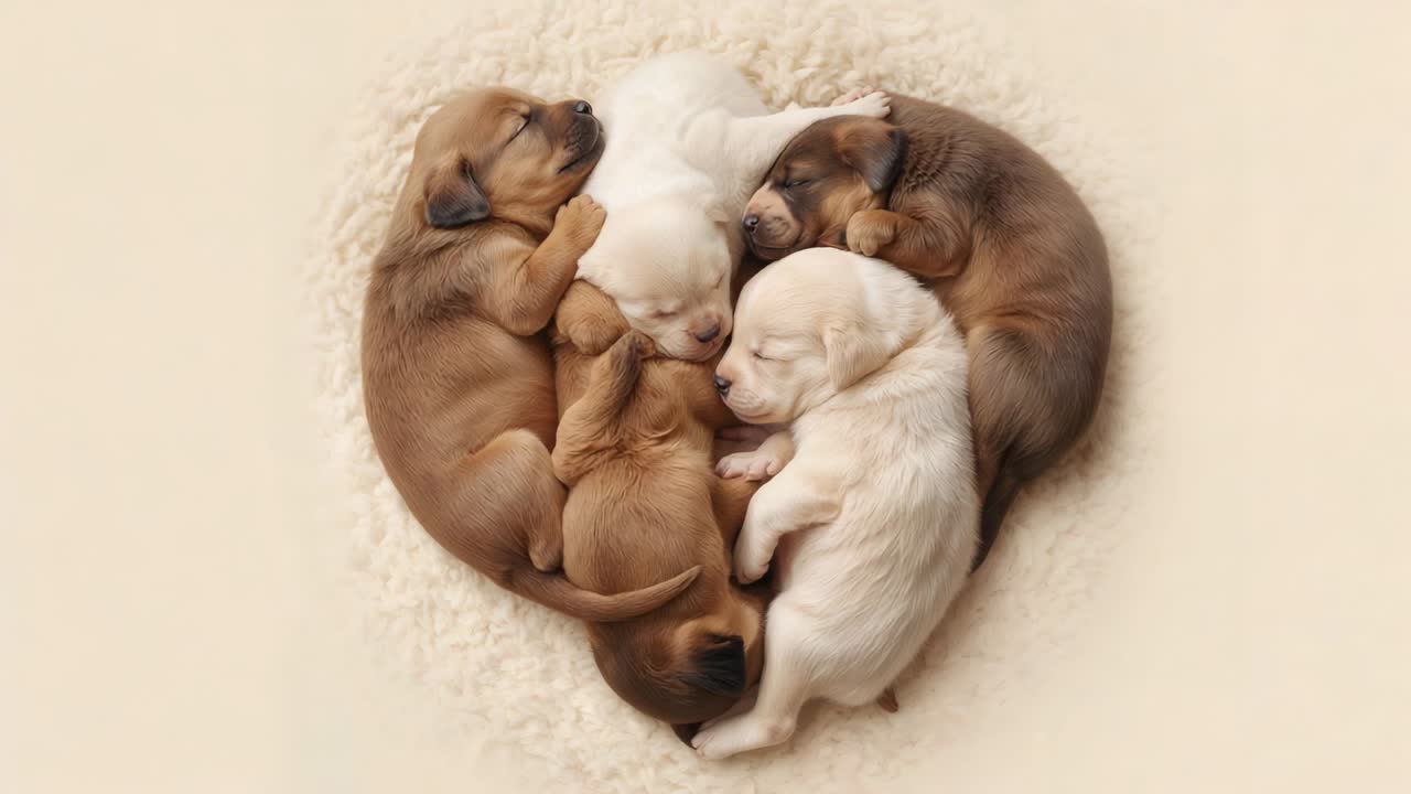 Curling five newborn puppies forming heart cluster on bed in studio, breathing moving tiny bodies