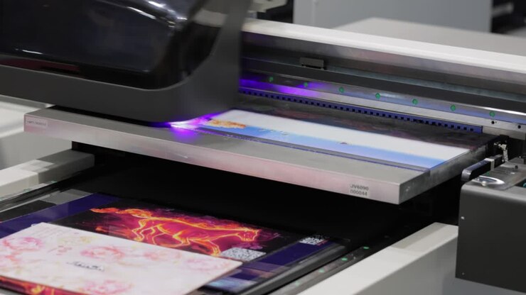 Modern Digital Large format UV printer. Printing production technologies. UV pinning is the process of applying a dose of low intensity ultraviolet light to a UV curable ink