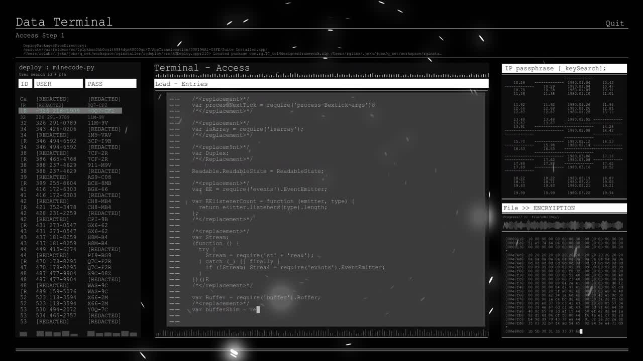Particles activating interface fading in, panels updating code and streaming data for security