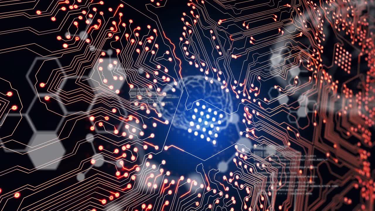 Animation of integrated circuit and scientific data on black background