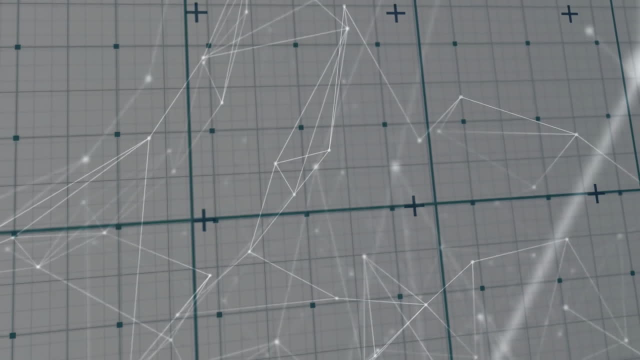 Abstract network floating across teal grid, connecting glowing nodes with translucent white lines