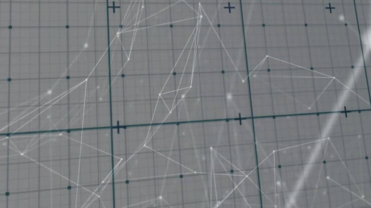 Abstract network floating across teal grid, connecting glowing nodes with translucent white lines