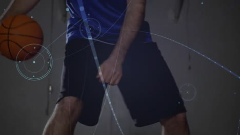 animación de redes de conexiones sobre el jugador de baloncesto masculino de raza mixta en el gimnasio