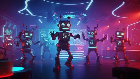 a futuristic dance-off featuring playful robots in a neon-lit cyberpunk environment, showcasing their unique personalities and interactive movements