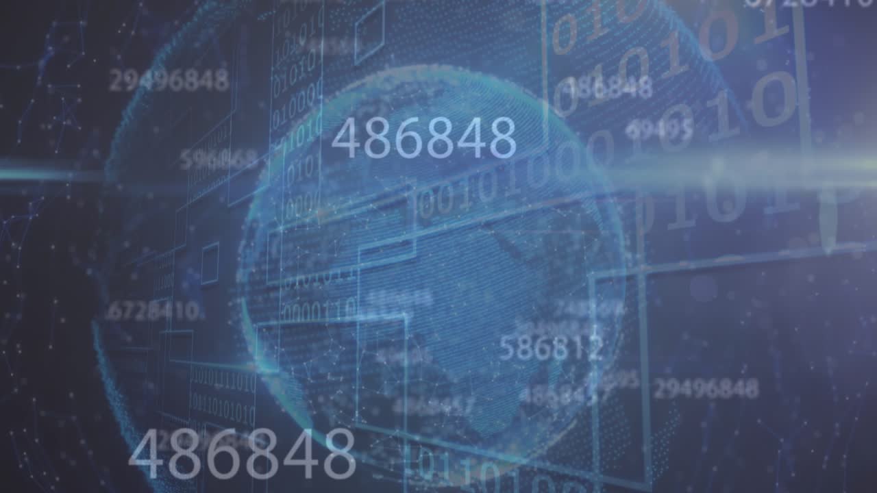 Animation of multiple changing numbers over binary coding and globe against blue background