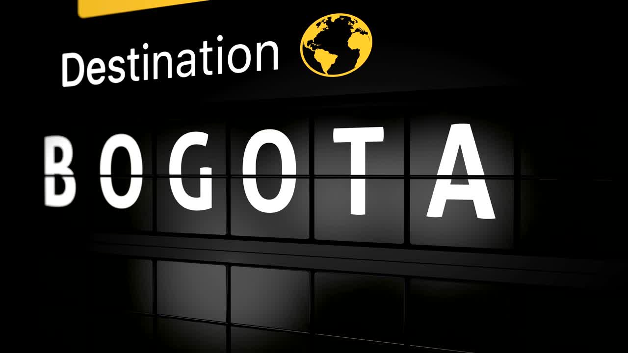 animación generada en 3d, tablero de visualización de información de vuelo analógico con la ciudad de llegada de bogotá