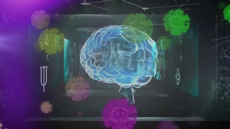 animación de células de covid 19 con cerebro humano girando y pantallas con procesamiento de datos