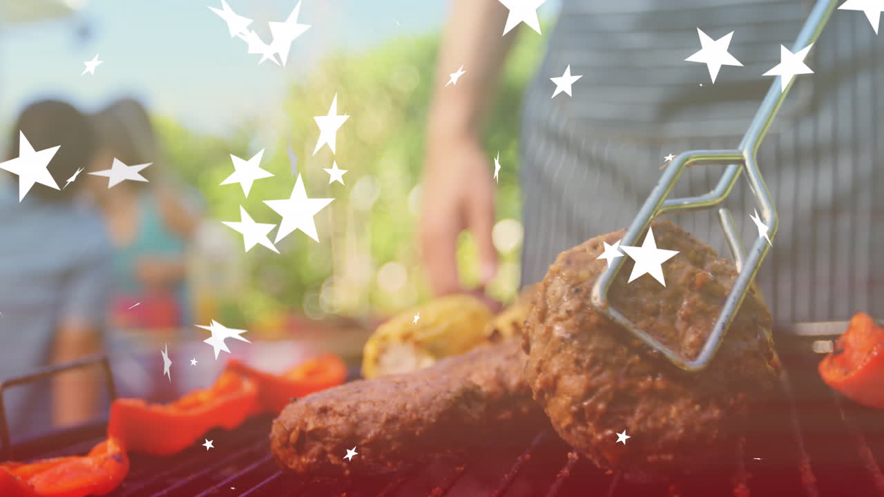 행복한 백인 가족이 얘기하고 바비큐를 하는 별들의 애니메이션