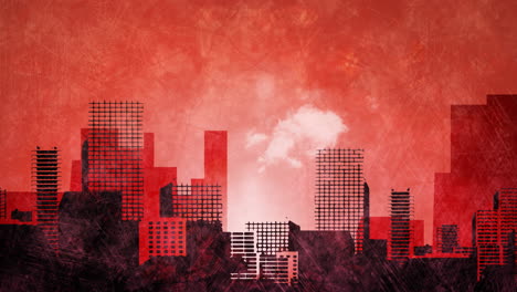 illustration of cityscape with modern buildings in red and black on red distressed background