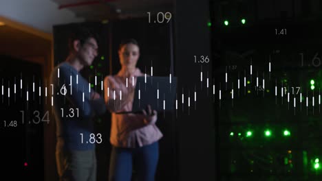 animation of data processing over diverse couple using laptop in server room