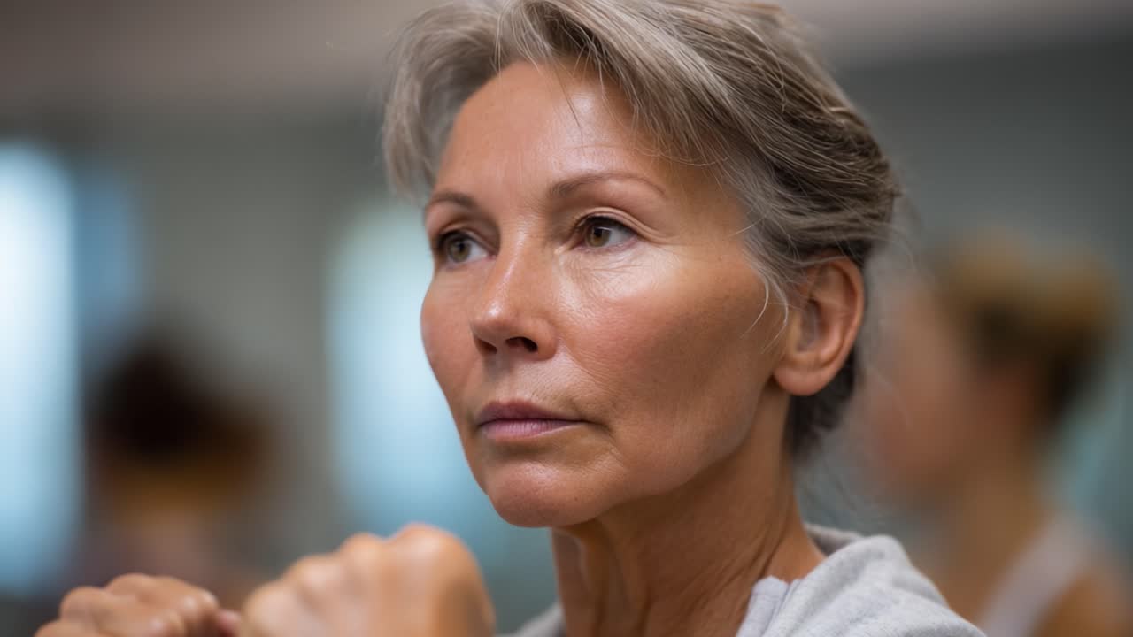 Concentrata e determinata: una donna matura impegnata nella crescita personale attraverso la riflessione e la mindfulness in un ambiente fitness