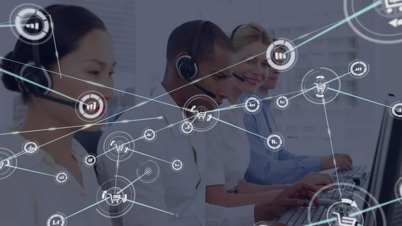 Animation of network of connection with icons over business people wearing phone headsets