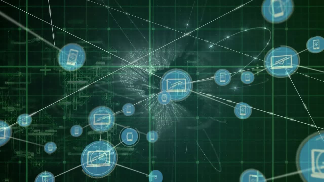 animación de la red de conexiones con iconos en todo el mundo y procesamiento de datos en fondo negro