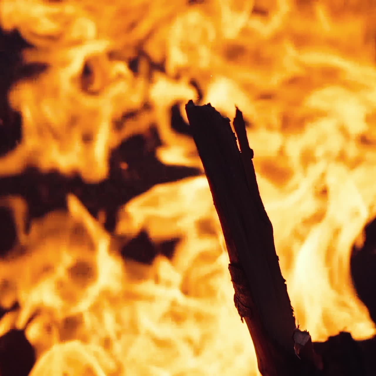 A closeup of a campfire. Beautiful fire burns brightly. Embers of the fire climb up. Slow motion