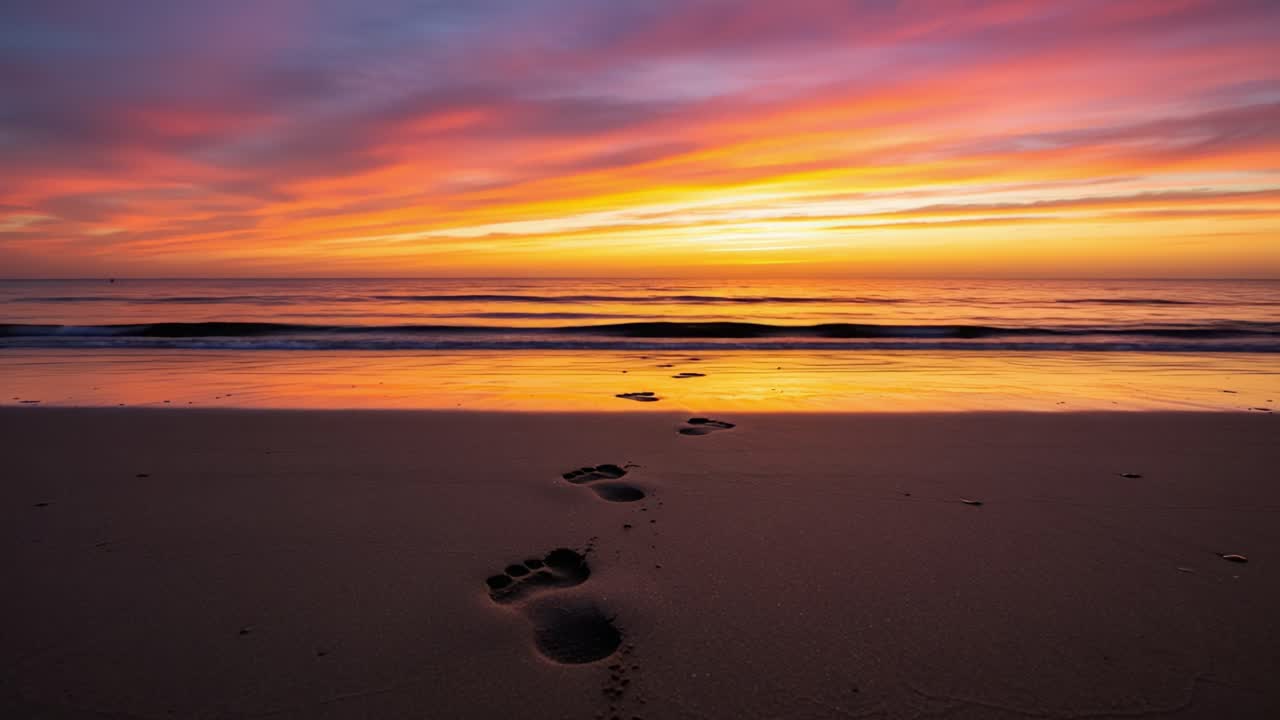 Impronte su una spiaggia serena durante un tramonto mozzafiato: Abbracciando lo splendore e la tranquillità della natura con colori vivaci che si riflettono sull'acqua