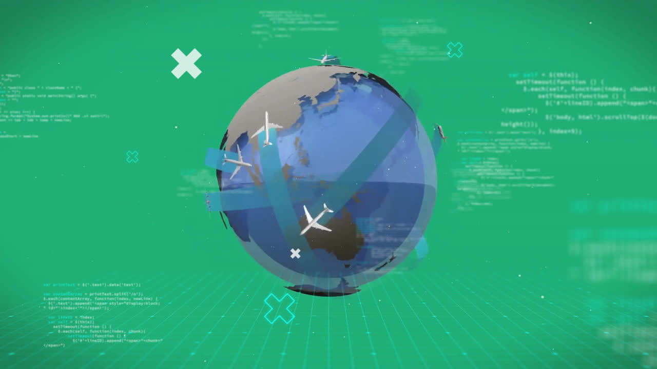 Animation of globe with planes and data processing over green background