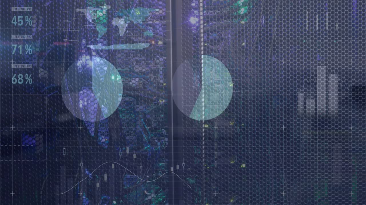 animación del procesamiento de datos con estadísticas y servidores informáticos.